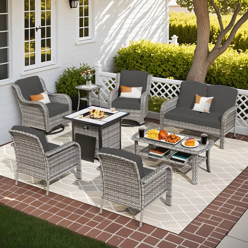 OVIOS 8 Pieces Outdoor Patio Swivel Chair Conversation Set with Fire Table - Black