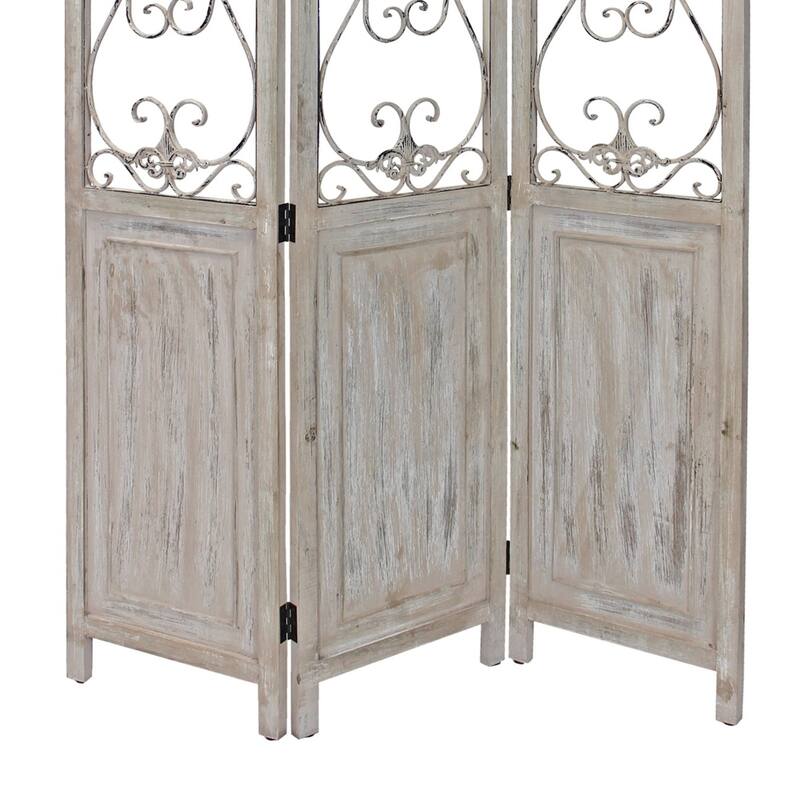 48 inch 3 Panel Screen with Metal Scrollwork, Washed Beige