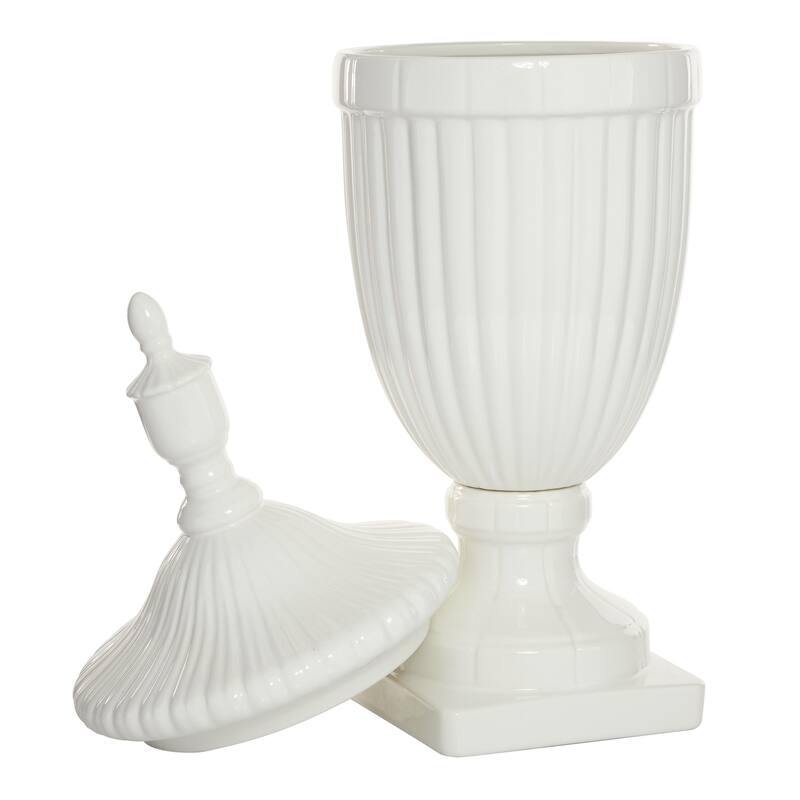 White Ceramic Tall Fluted Urn Living Room Decorative Jars with Grooves and Lid