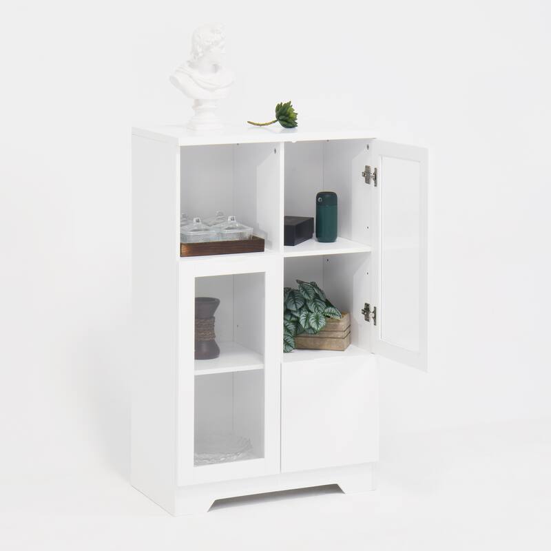 Wooden Floor Cabinet with 2 Glass Doors and 2 Storage Space,Living Room Bathroom Entryway