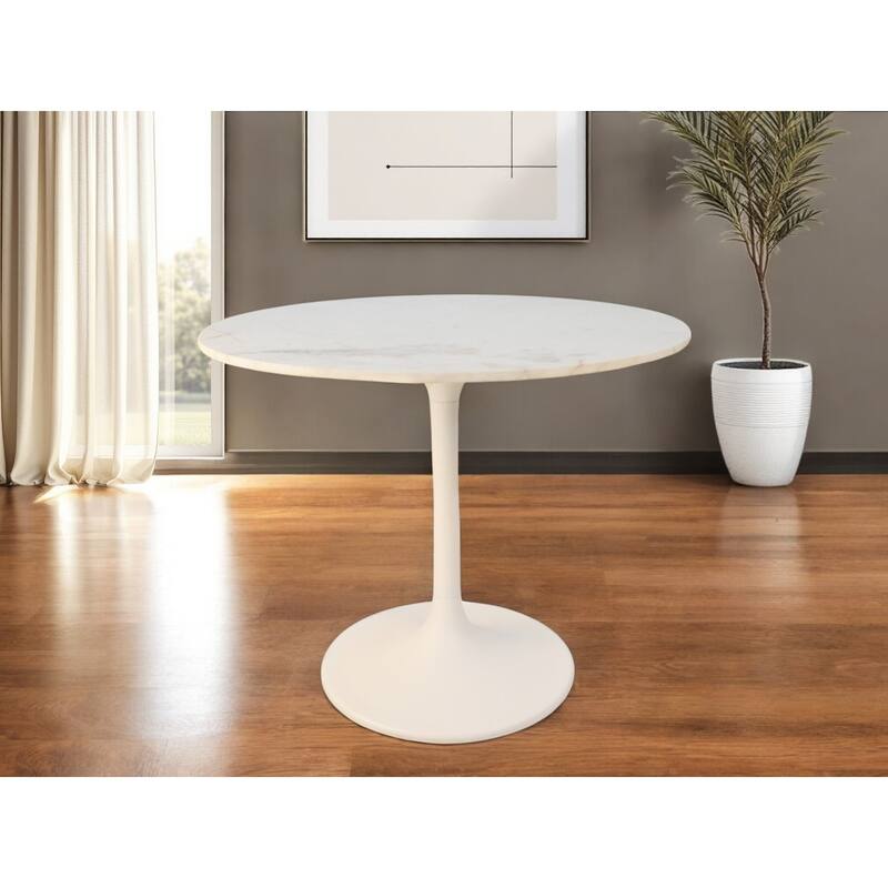 HomeRoots 36" White Rounded Marble And Iron Pedestal Base Dining Table - 36.00 in. x 30.00 in. x 36.00 in. - White - 36.00 in. x 30.00 in.  x 36.00 in.