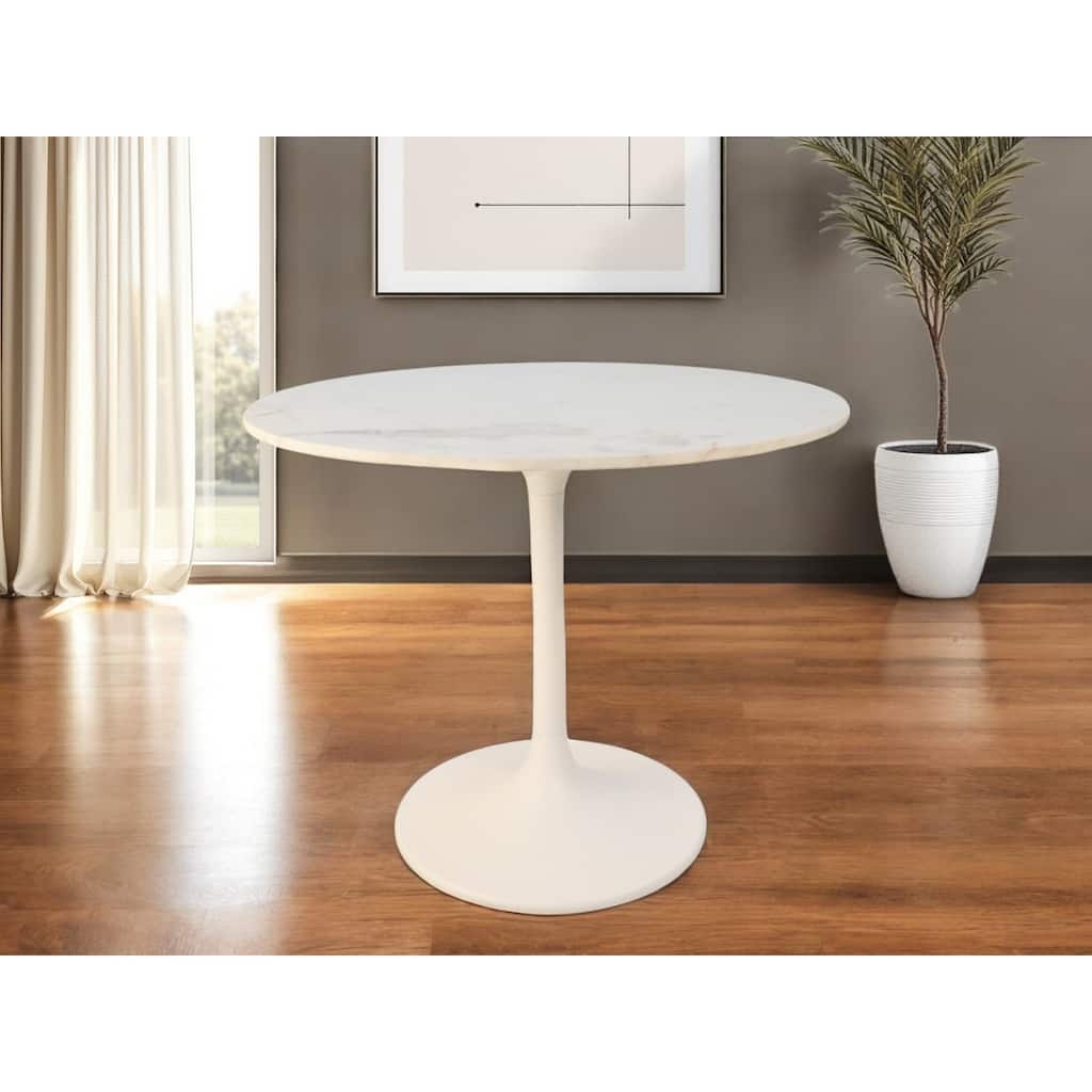HomeRoots 36" White Rounded Marble And Iron Pedestal Base Dining Table - 36.00 in. x 30.00 in. x 36.00 in.