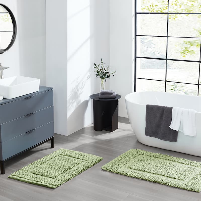 Sophie Border Ultra-plush Chenille Non-Slip Cotton Bath Mat (Set of 2) - 17 x 24 / 20 x 32 - Sage Green