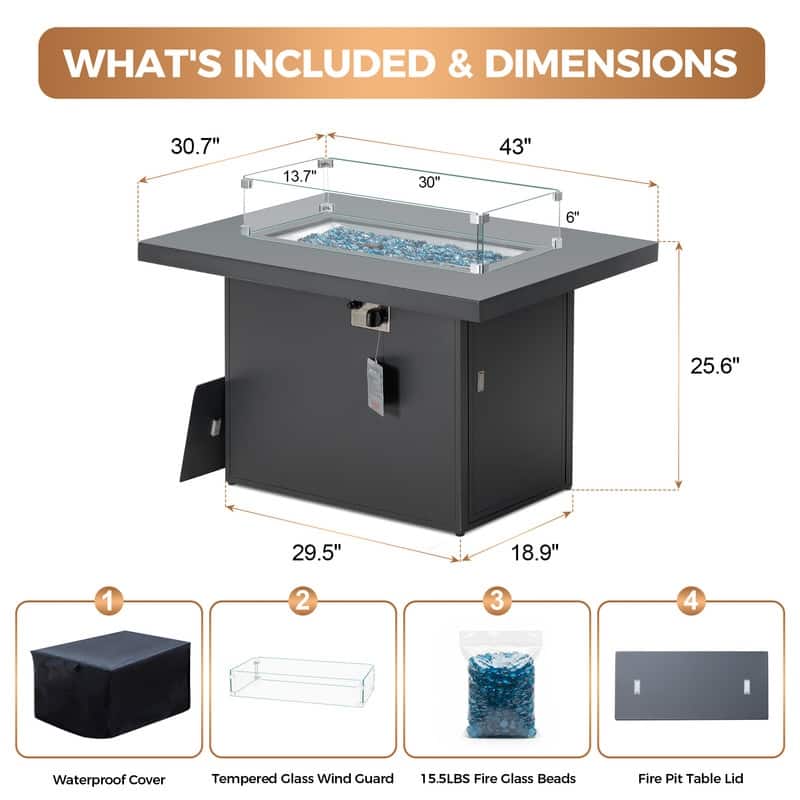 43" Outdoor Aluminum Gas Fire Pit Table, 60,000 BTU, Propane/Natural Gas, Glass Wind Guard