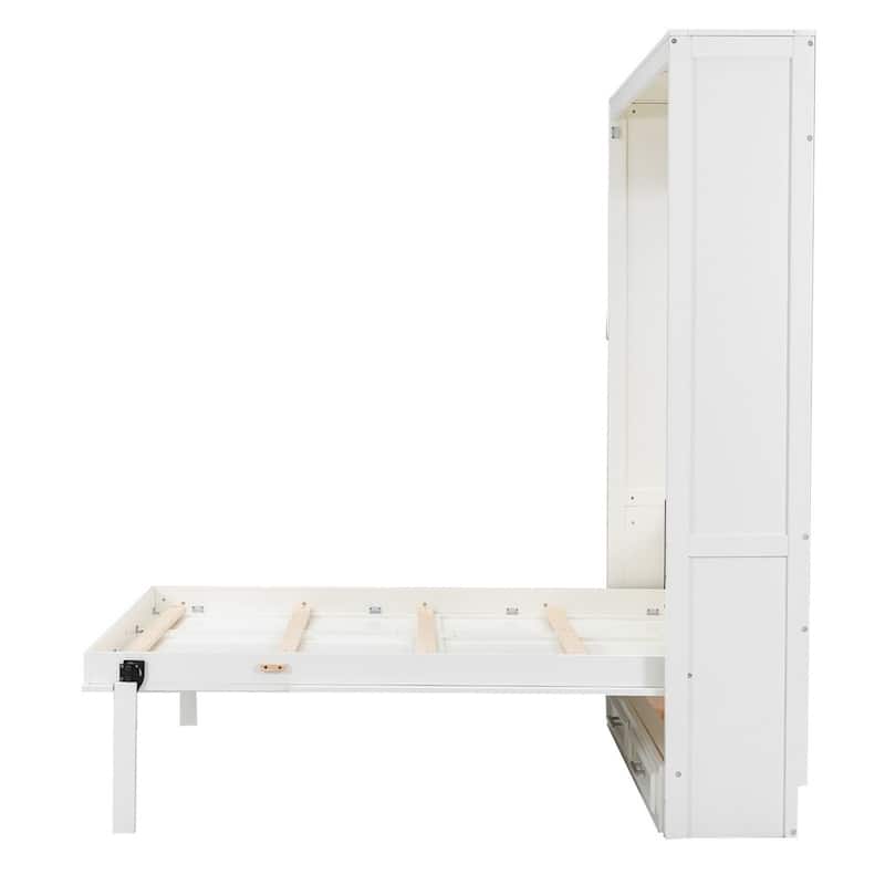 Solid Wood Full Size Beige Murphy Bed with 2 Drawers for Small Rooms