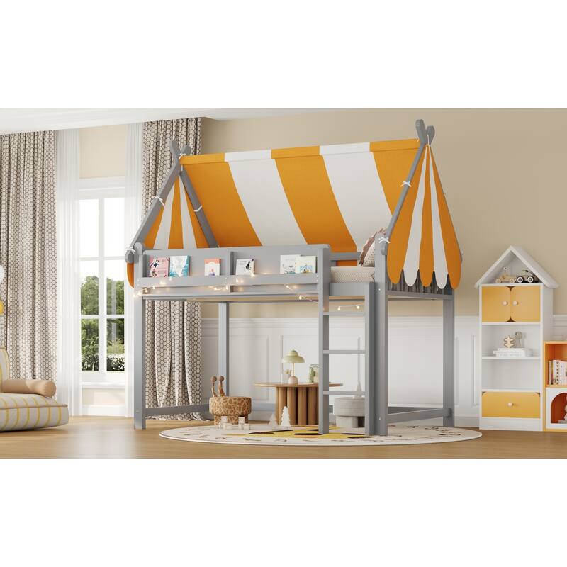 Roomfitters Twin/Full Size Loft Bed with Canopy, LED Lights and Book Shelf