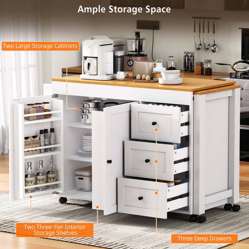 Kitchen Island with Extendable Dining Table, Power Outlet, Rolling Storage Cart with 3 Drawers, 2-Door Cabinet, and Spice Rack