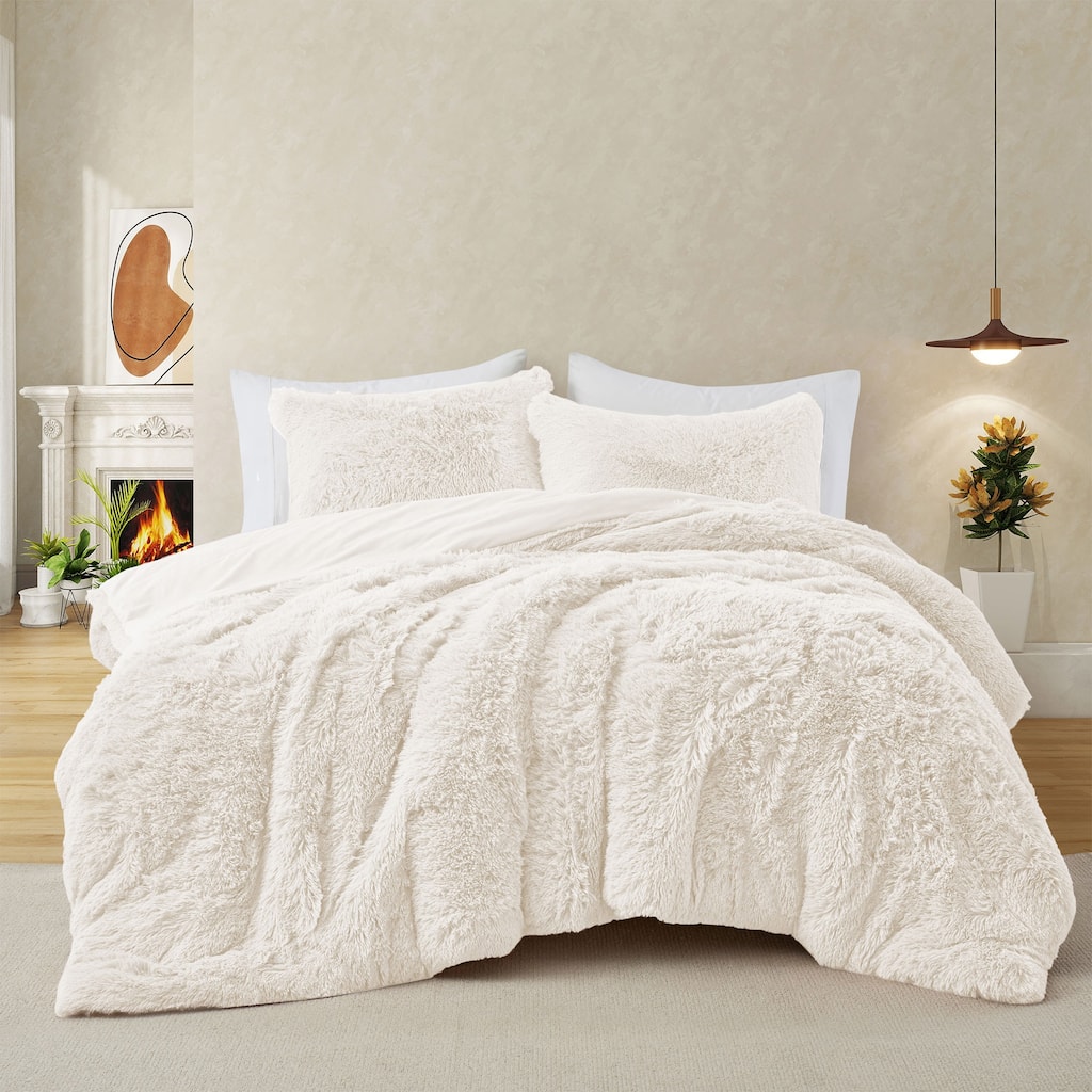 Fluffy Shaggy Reversible Faux Fur Comforter Set, Fuzzy Plush Bedding Set