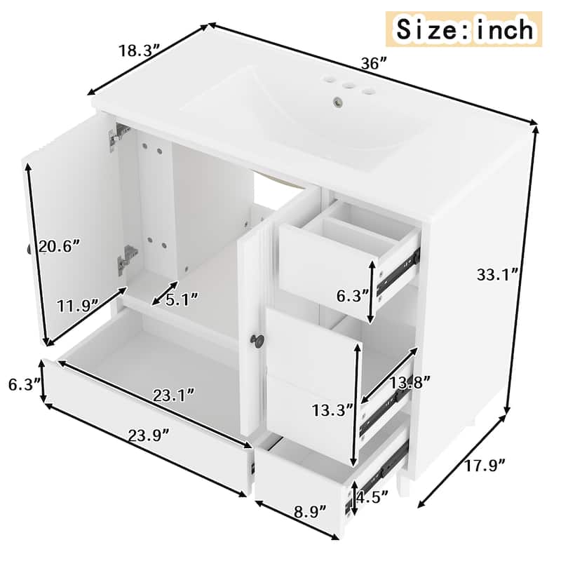 Roomfitters 36 Inch Bathroom Vanity with Sink, Solid Wood Cabinet with Side Rack and Drawers