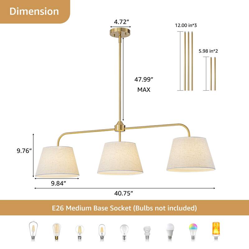Starsky 3-Light Modern White Linear Drum Fabric Kitchen Island Light