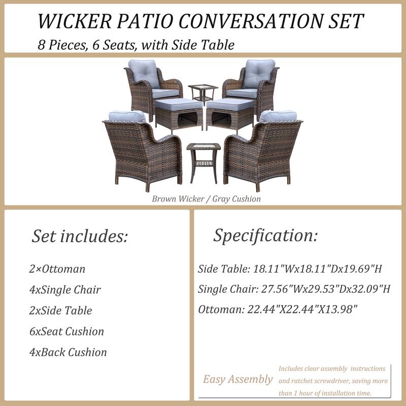 8 Piece Outdoor Wicker Patio Furniture Conversation Chair and Ottoman Set