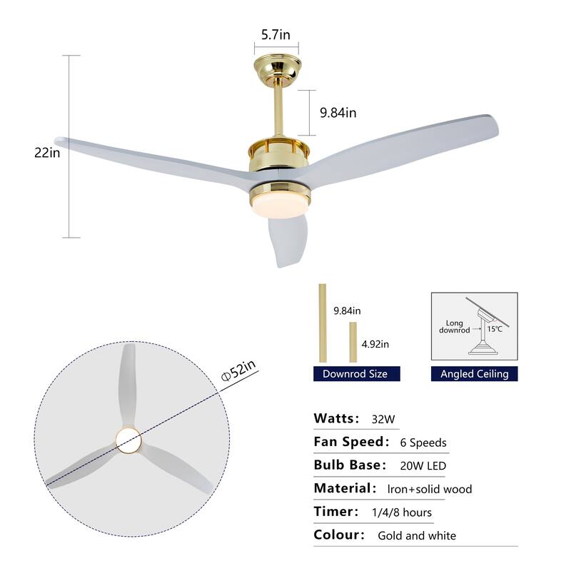 52 Inch White and Gold Ceiling Fans with Lights and Remote, 3 Solid Wood Blades, 6 Speeds, Quiet DC Motor - Gold+White