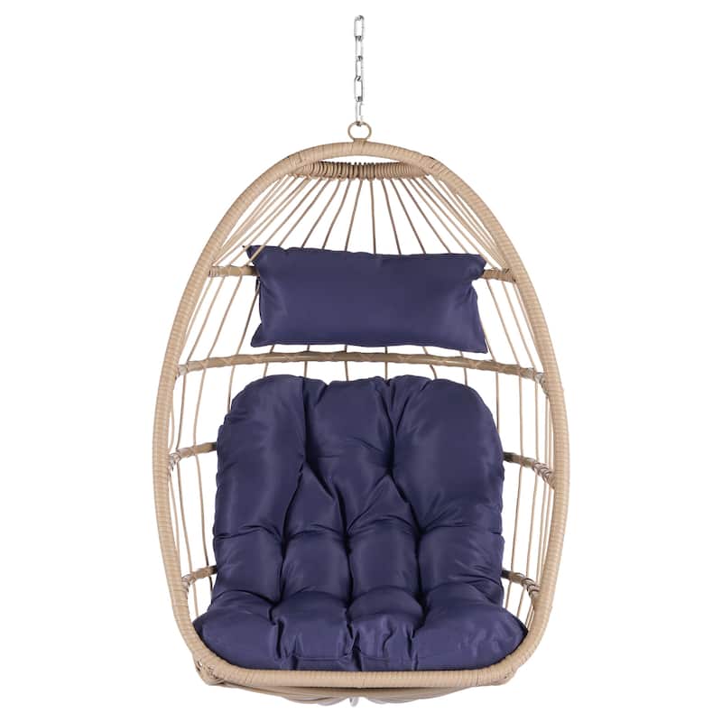 Outdoor Garden Rattan Egg Swing Chair, Hanging Chair Wood with Waterproof Cushions, Galvanized Steel Frame for Patio, Garden