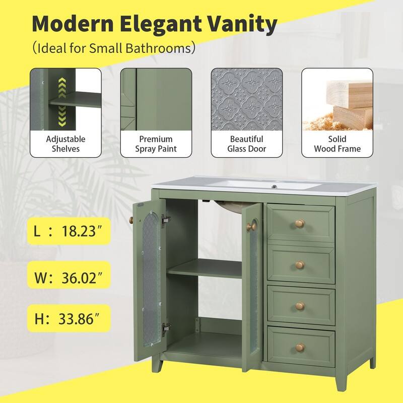 30''/36'' Bathroom Vanity with Sink, 3 Drawers Bathroom Storage Cabinet with Soft-Close Glass Door and Adjustable Shelf