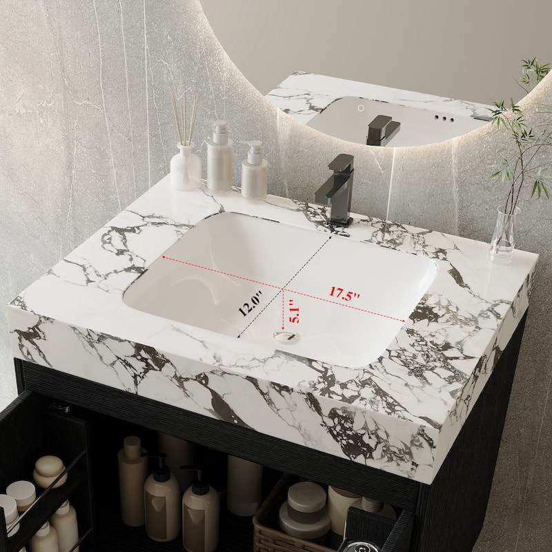 Mid-Century 30" Freestanding Bathroom Vanity with Faux Marble Top, Ceramic Sink & Gold Legs Cabinet