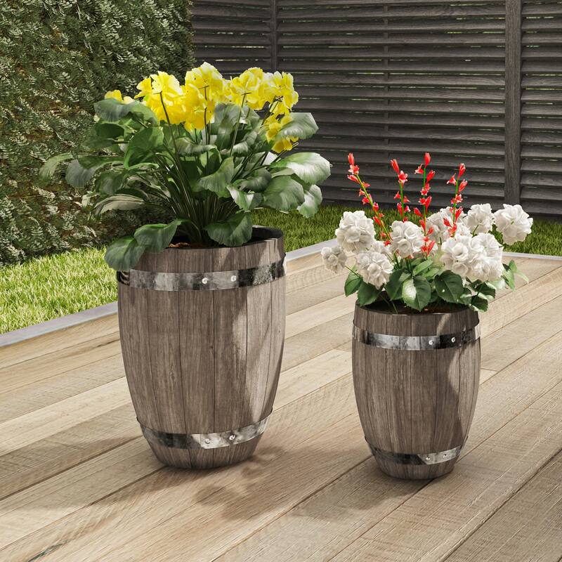 Set of 2 Fiber Clay Planters by Pure Garden - Whiskey Barrel Shape, Dark Gray - Dark Gray
