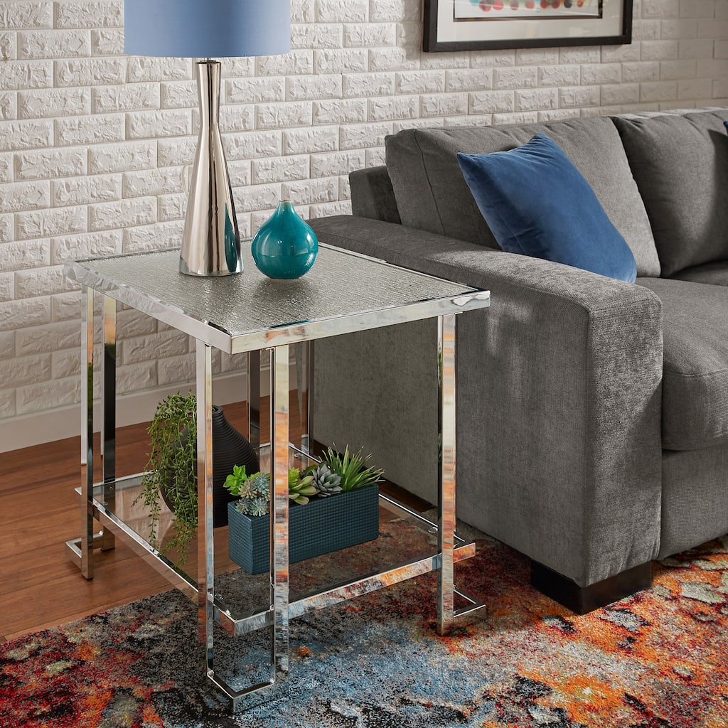 Cobble Chrome Finish End Table with Textured Glass Top by iNSPIRE Q Modern