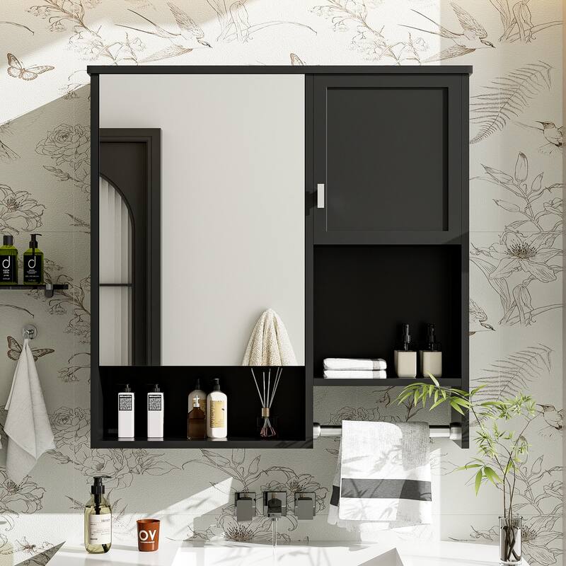 29" x 28" Over The Toilet Bathroom Storage Cabinet with Towel Bar Wall Mirror Cabinet with Closed Cupboard and Open Shelf - Black