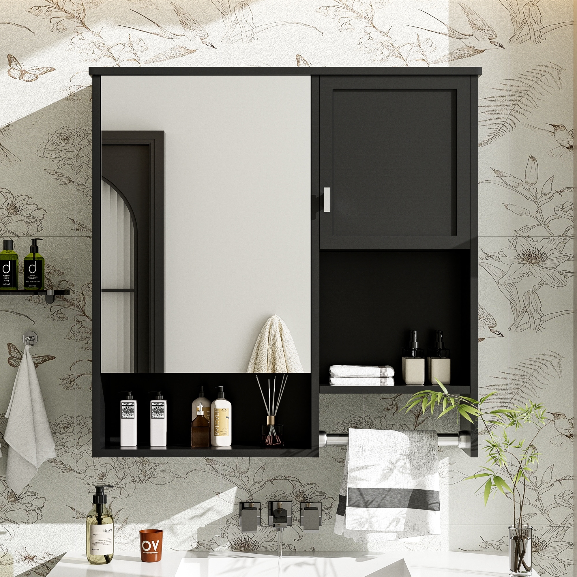 Roomfitters 29"x28" Wall Mounted Medicine Cabinet, Bathroom Mirror Cabinet with Towel Bar, Over Toilet Storage Unit