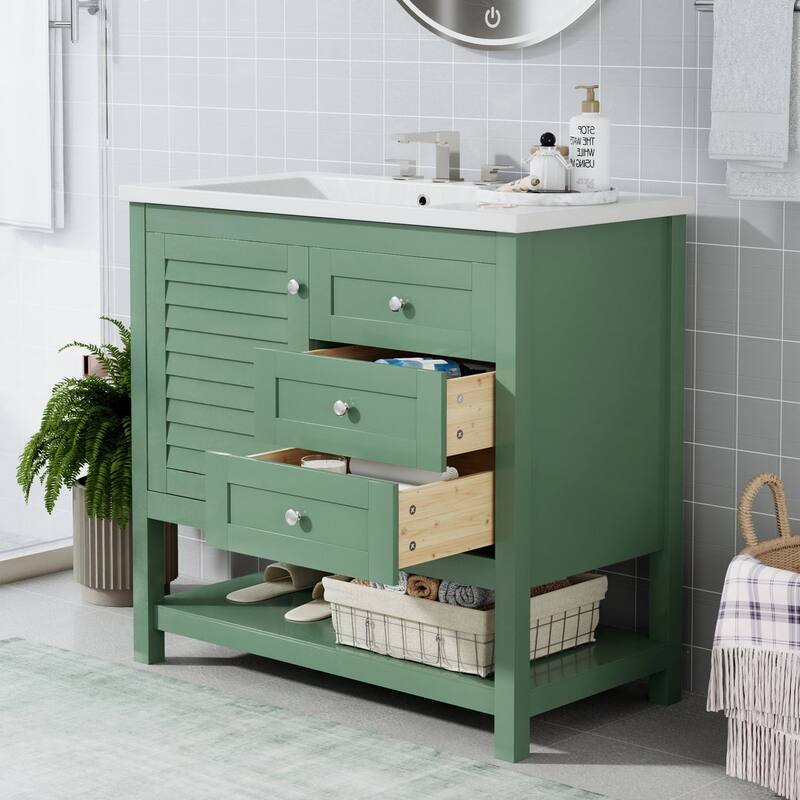 36 inch MDF Freestanding Bathroom Vanity Set in Green with Integrated Resin Sink