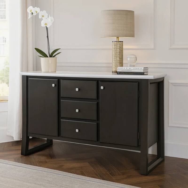 54 Inch Solid Wood Sideboard Cabinet Console, 3 Drawers, Faux Marble, Grey