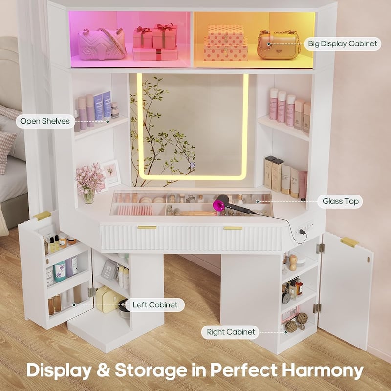 Corner Vanity Desk with Lighted Mirror Drawers Shelves Storage Stool
