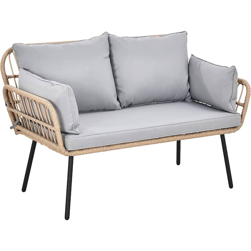 Fernald Patio Wicker Loveseat Sofa with Cushions and Lumbar Pillows