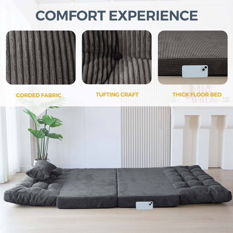 Corduroy Bean Bag Bed Tufted Folding Sofa Bed with Pillows
