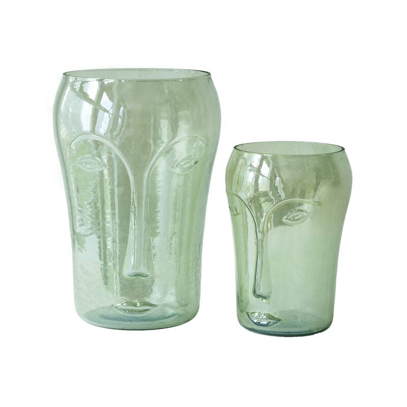 Decorative Glass Vases Set of 2 with Face Motifs Green Artisan Crafted
