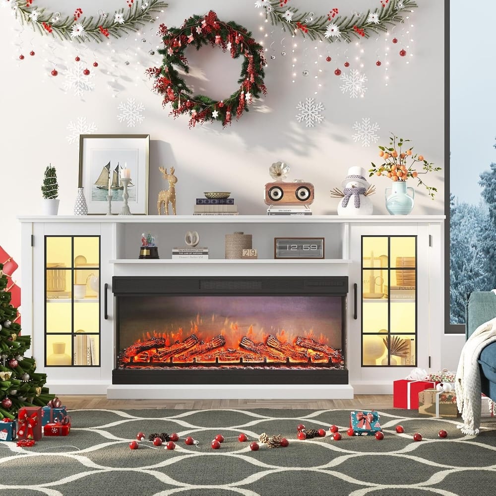75In 3 Sided Glass Fireplace Heater TV Stand with LED Lights - N/A