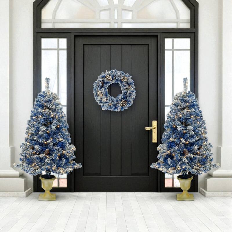Pre-Lit Blue Christmas 4-Piece Set with LED Lights, Wreath, Garland and 2 Entrance Trees, 840 Tips PVC Holiday Decor