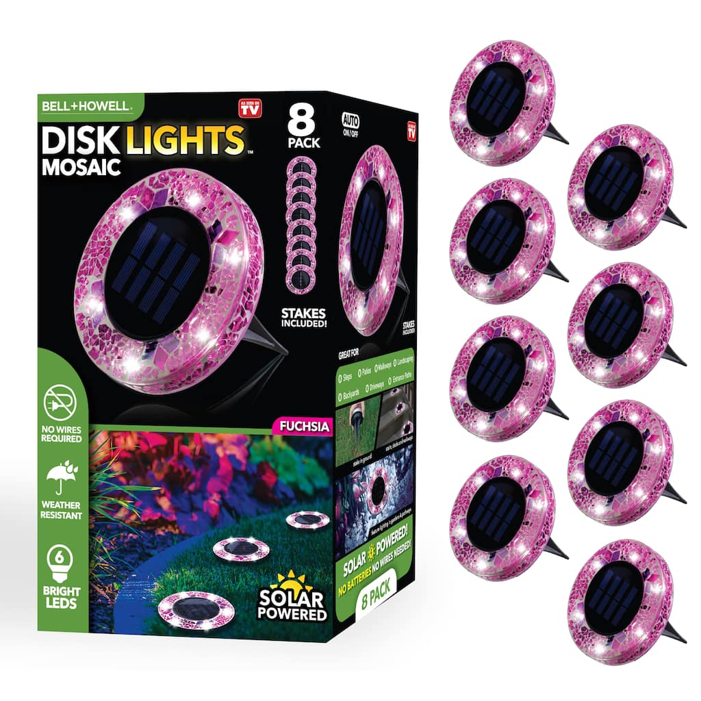 Bell + Howell 6 LED Round Fuchsia Mosaic Solar Powered Disk Lights with Auto On/Off - 8 Pack - Red