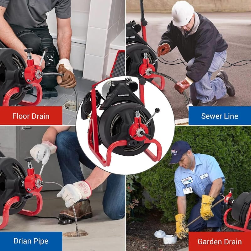75 ft x 1/2 in Drain Cleaner Machine with 6 Cutters & Gloves for 2-4 Inch Pipes