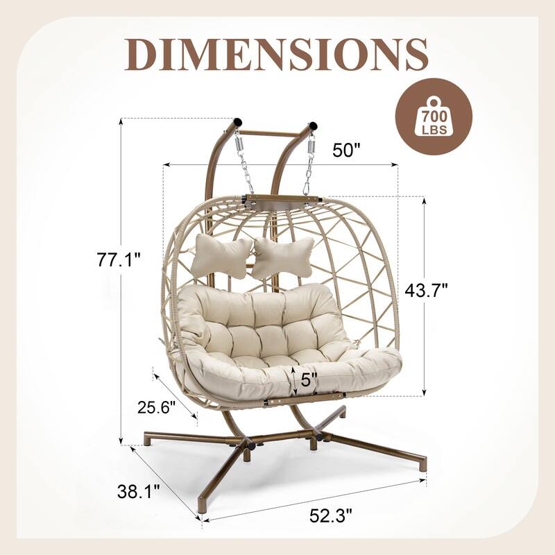 Oversized Outdoor Double Egg Hanging Chair with Cushions, 700 lbs Capacity Swing Chair for Indoor or Patio