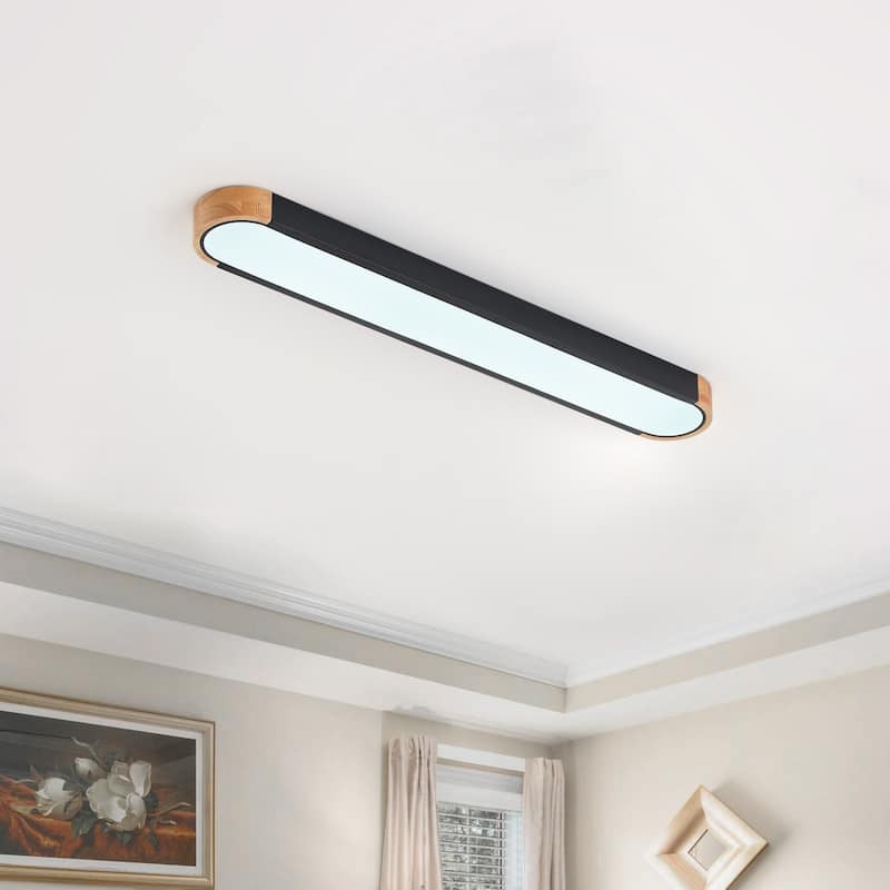 Modern Wood Grain Linear Flush Mount Ceiling Light Matte Black LED Fixture for Bedroom Living Room Kitchen - N/A