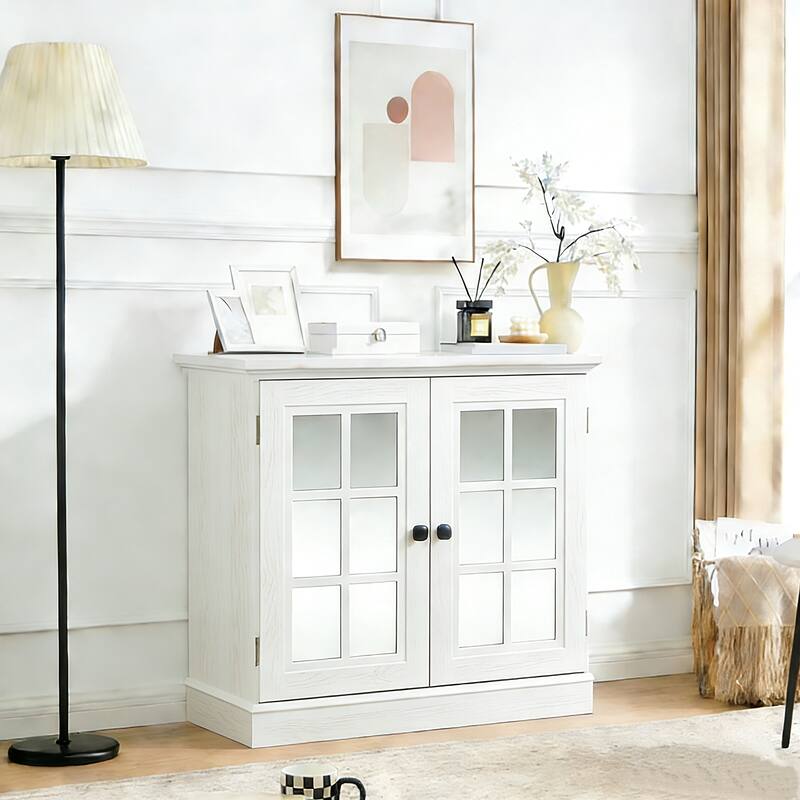 Anmytek 2 Door Acrylic Mirrored Sideboard Cabinet White Wood Grain