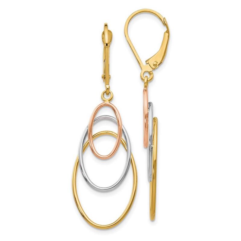 Curata 14k Tri Color Gold 45x15mm Triple Oval Dangle Leverback Earrings