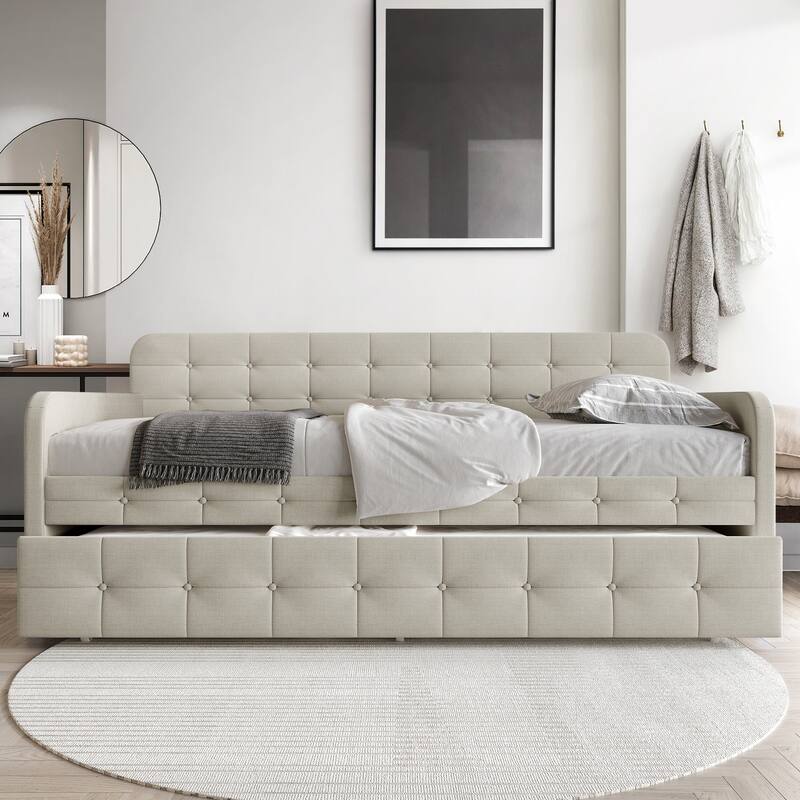 CraftPorch Classic Button-Tufted Twin Size Upholstered Daybed With Trundle