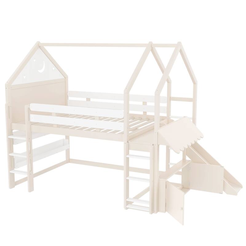 Roomfitters House Loft Bed with Slide and Bookshelf, Star Moon Roof Design