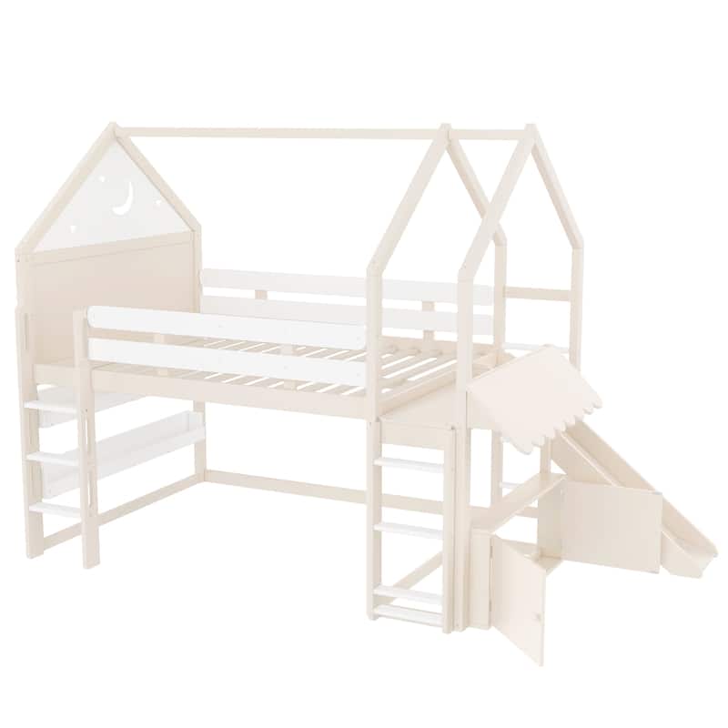 Twin Loft Bed with Slide, Bookshelf & House-Shaped Design for Kids