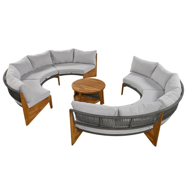 Patio 3 Piece Sofa Conversation Set, 6-Person Outdoor Seating Group w/ Cushions & Coffee Table, Half Moon Patio Furniture Sets