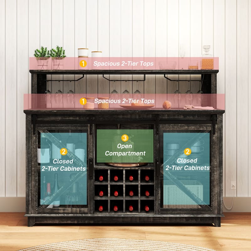 Farmhouse Coffee Bar Cabinet with LED Lights Wine Rack Glass Holders and Sliding Barn Doors - 55.1" W x 15.7" D x 44.1" H