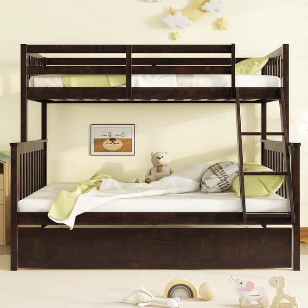 slide 2 of 27, Twin Over Full Bunk Kids Bed Frame with Trundle, Detachable & Convertible Bed with Reversible Ladder & Guardrail, Espresso Espresso