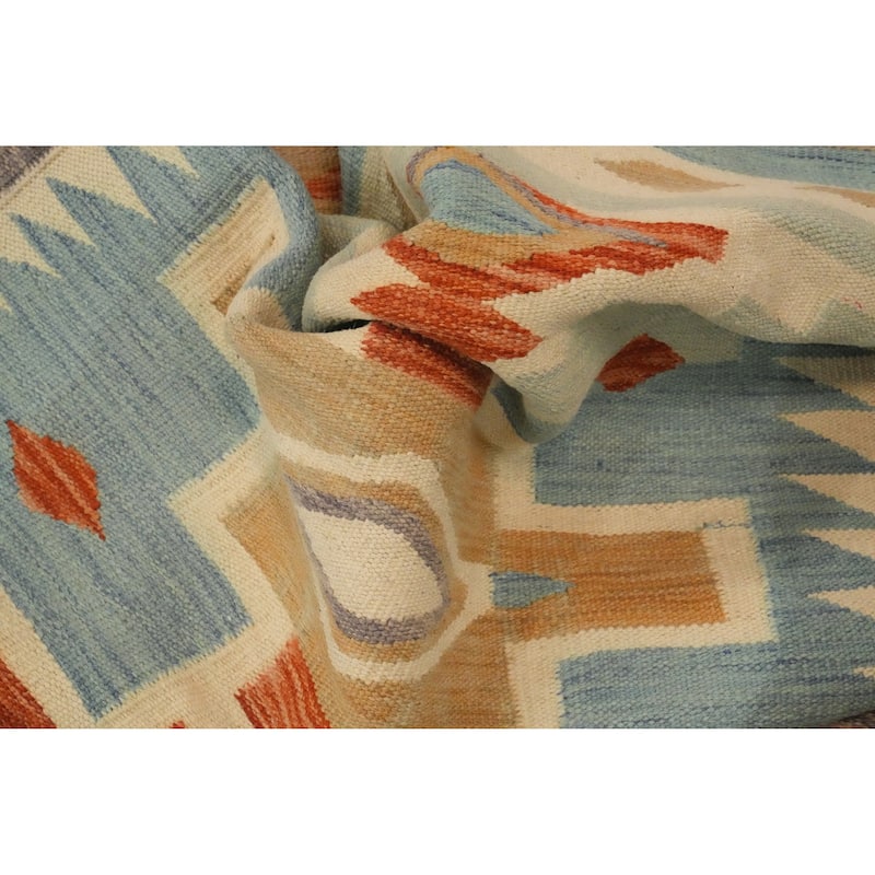 Hand Woven Oriental 100% Wool Carpet Southwestern Tribal Navy Blue & Blues Kilim Runner Rug - 9' 7'' X 2' 9''