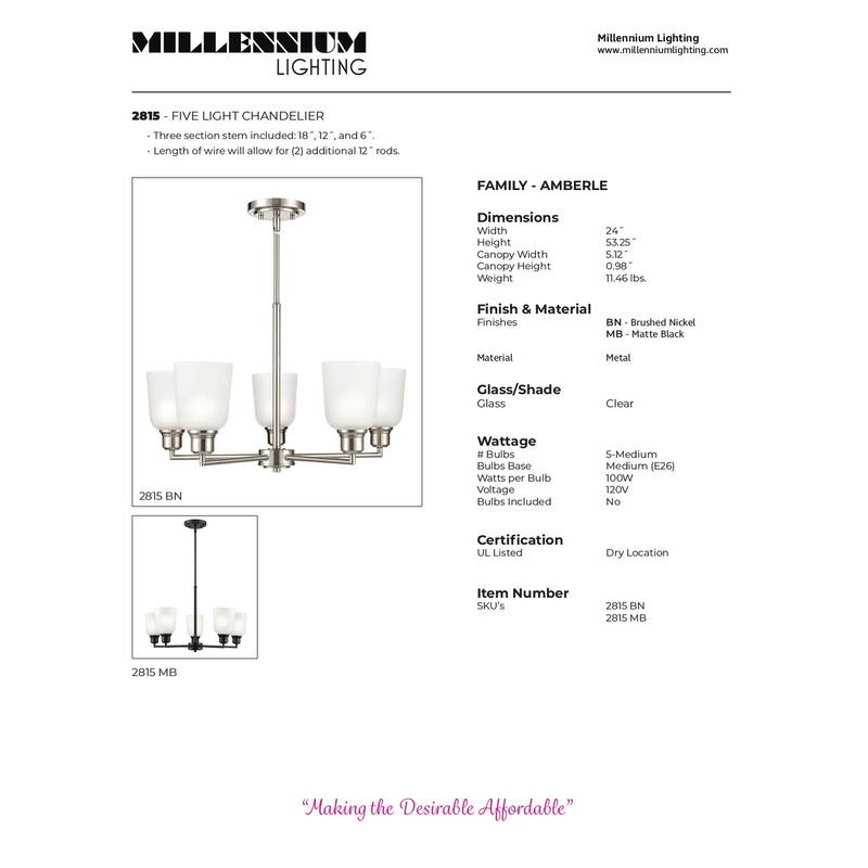 Millennium Lighting Amberle in Brushed Nickel or Matte Black 5 Light Chandelier with Frosted White Shades - Matte Black