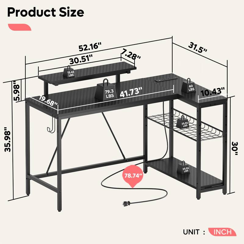 Reversible L Shaped Desk LED Computer Desk with Power Outlets and Monitor Stand Office Desk