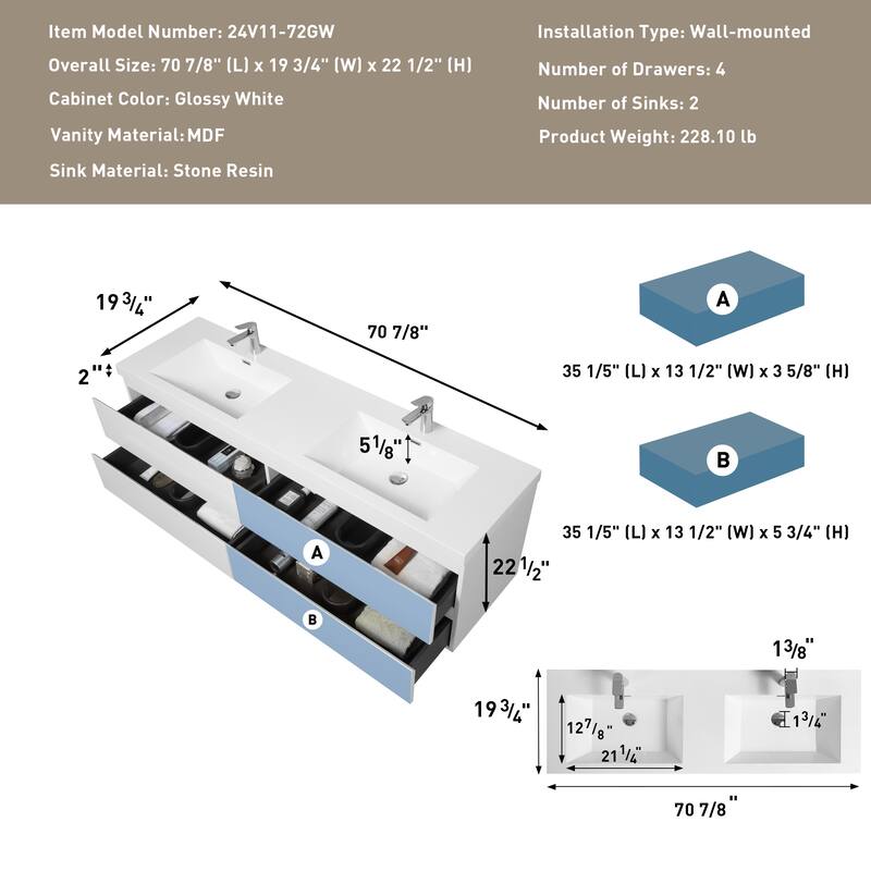 Wall 72" Floating Bathroom Vanity with Sink & and 4 Soft Close Drawers,White/Oak/Grey - 72 inch