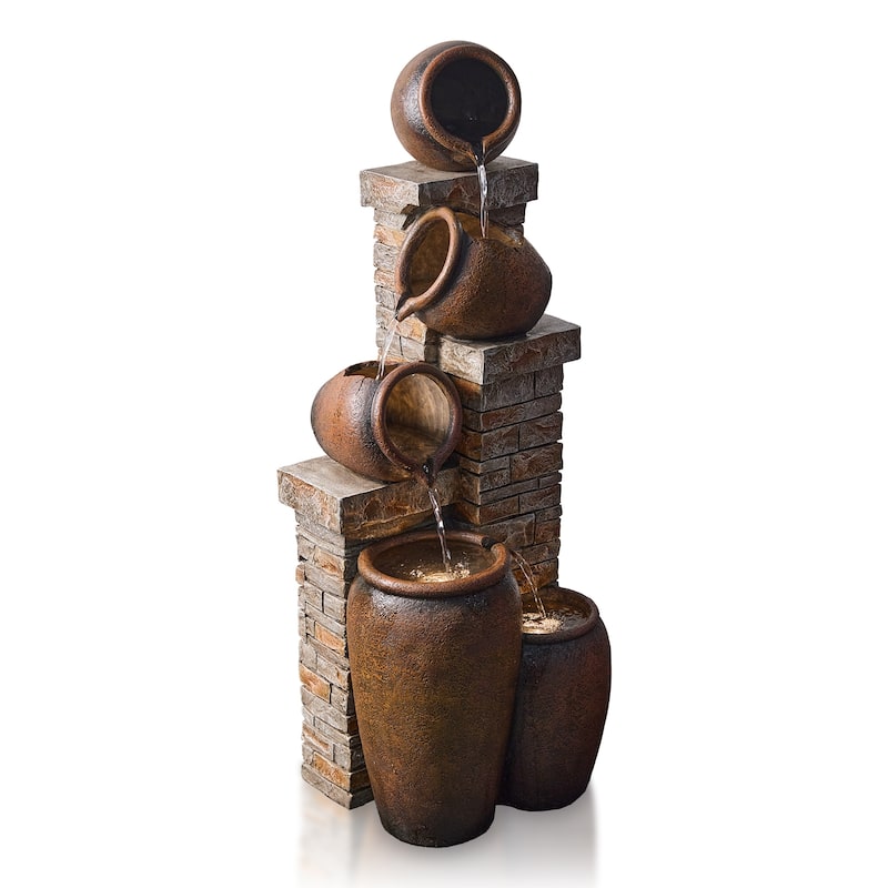 Glazed Terracotta Pots Polyresin Cascade Water Fountain Weather Resistant