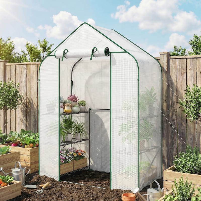 Outsunny 4.7' x 2.3' x 6.2' Small Greenhouse for Outdoors, 3 Tiers 6 Shelves, Portable Greenhouse with UV-resistant PE Cover - White