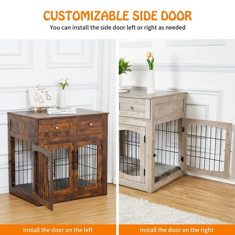 Wooden Dog Crate Furniture with Cushion 3Door Kennel End Table with2 Drawers